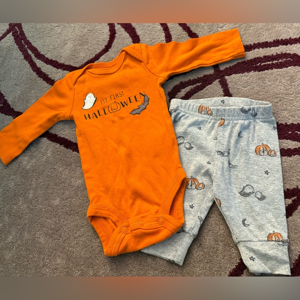 Orange Halloween Baby Onesie and Gray Pants Set